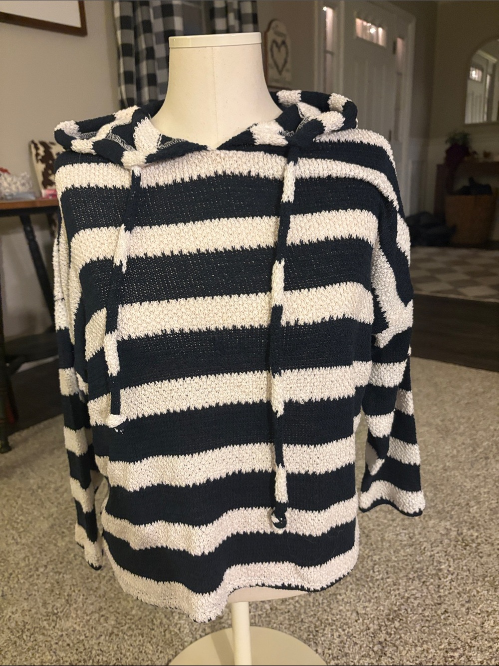 LOFT Navy and White Striped Hooded Sweater